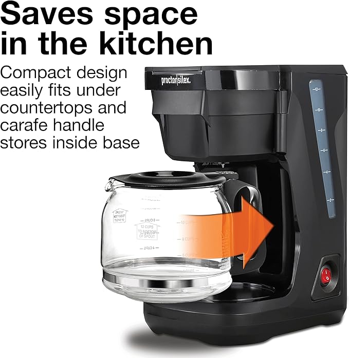 Proctor Silex FrontFill Drip Coffee Maker, 12 Cup Glass Carafe, Black and Silver (43680PS)