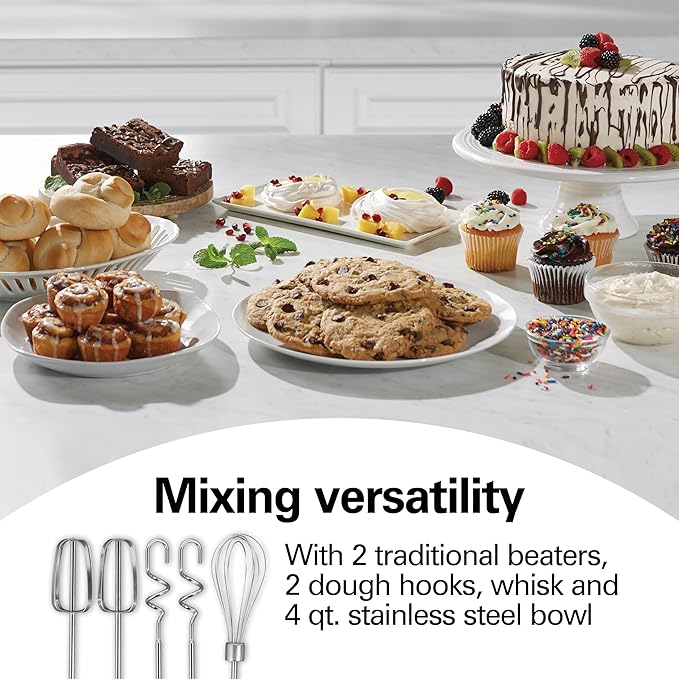 Hamilton Beach Classic Stand and Hand Mixer, 4 Quarts, 6 Speeds with QuickBurst, Bowl Rest, 290 Watts Peak Power, Black and Stainless