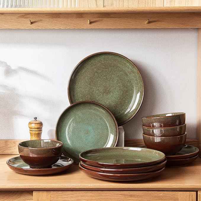 Stoneware Dinnerware Sets Service for 4, 12 pcs Reactive Glaze Plates and Bowls Sets, Handmade Ceramic Dish Set, Highly Chip and Crack Resistant Modern Plate Set, Brown Green