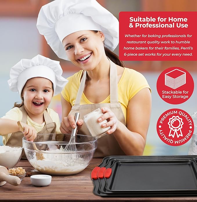 PERLLI Non-Stick 3-Piece Baking Pan Set, BPA-Free Carbon Steel Bakeware Set with Silicone Handles, Stackable Kitchen Oven Set, Cookie Sheet, Baking Tray, Baking Sheet Set, Oven Safe (446°F)
