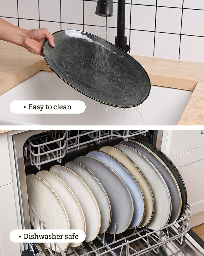 famiware Serving Platter, Oval 15.59/14.3/12.9 inch Serving Dishes for Entertaining, Serving Bowls, Dishwasher Safe, Fine Stonware Serving Trays for Party, Turkey, Cheese, Reactive Glaze, Deep Forest
