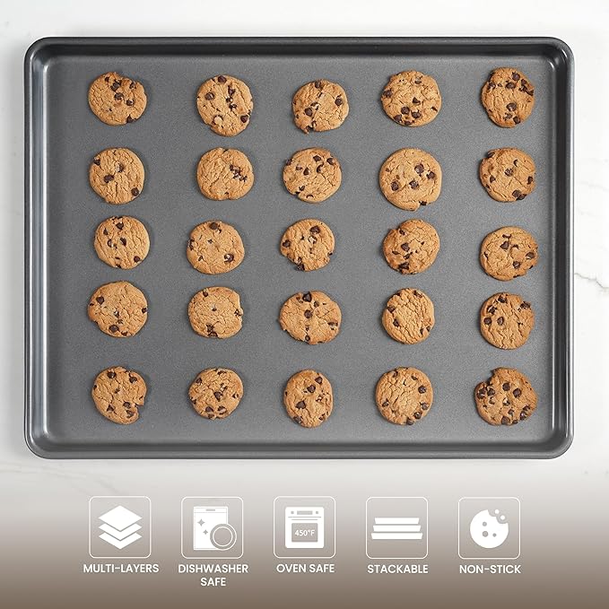 LISI 16" x 12" Half Sheet Pans (2 Pack), Heavy-Duty Nonstick Carbon Steel Baking Sheets for Oven, Cookie Sheet Tray, Roasting Pan, Kitchen Bakeware