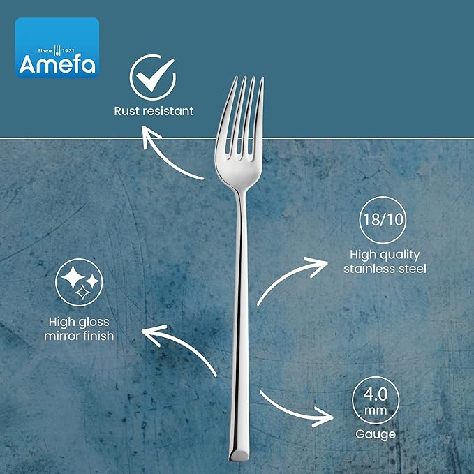 Amefa 45-Piece Silverware Flatware Cutlery Set Service for 8, Durable 18/10 Stainless Steel High Gloss Mirror Finish, tableware in Ergonomic Design Size and Weight, Dishwasher Safe (Metropole)