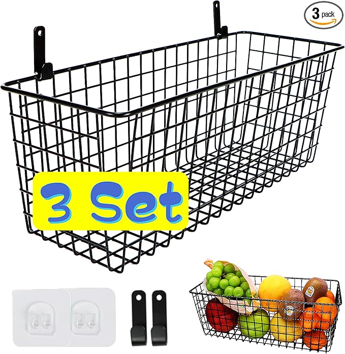 Joben Oligey 3 Set [Extra Large] Hanging Wall Baskets ,Wire Basket For Storage Pantry, Farmhouse Food Storage Kitchen Pantry Laundry Closet Garage RV ,Black