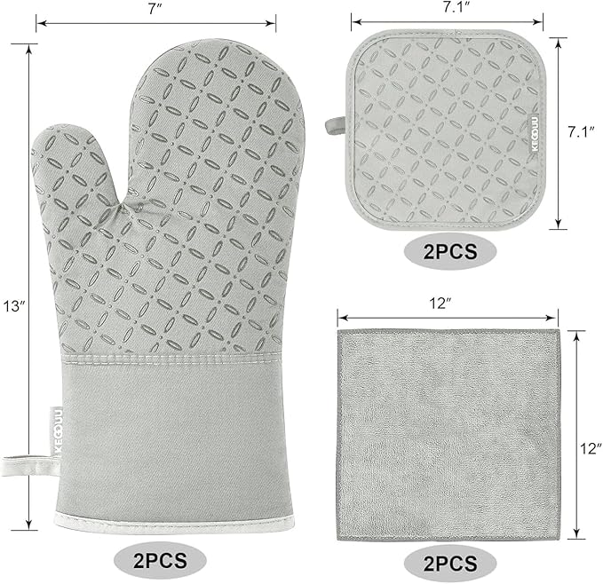 KEGOUU Oven Mitts and Pot Holders 6pcs Set, Kitchen Oven Glove High Heat Resistant 500 Degree Extra Long Oven Mitts and Potholder with Non-Slip Silicone Surface for Cooking （Greenish Gary）