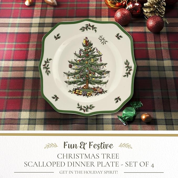 Spode Christmas Tree Scalloped Dinner Plate (Set of 4) - Holiday Stoneware Large Plates - 10.5 Inch Christmas Dinner Dishes, Colorful Gifts & Mistletoe Accents - Dishwasher & Microwave Safe