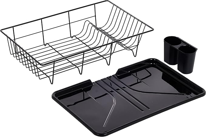 Sweet Home Collection Metal, Plasic ,Dish Drainer Drain Board and Utensil Holder Simple Easy to Use, 12" x 19" x 5", Black