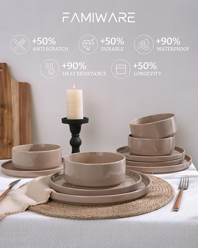 Famiware Nebula Plates and Bowls Set, 24 Pieces Dinnerware Sets, Dishes Set for 8, Cinnamon Brown