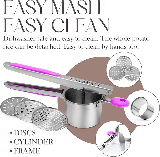 Bellemain Heavy-Duty Stainless Steel Potato Ricer & Masher | 15 oz, Perfect for Mashed Potatoes | Kitchen Tool with 3 Interchangeable Discs (Purple)