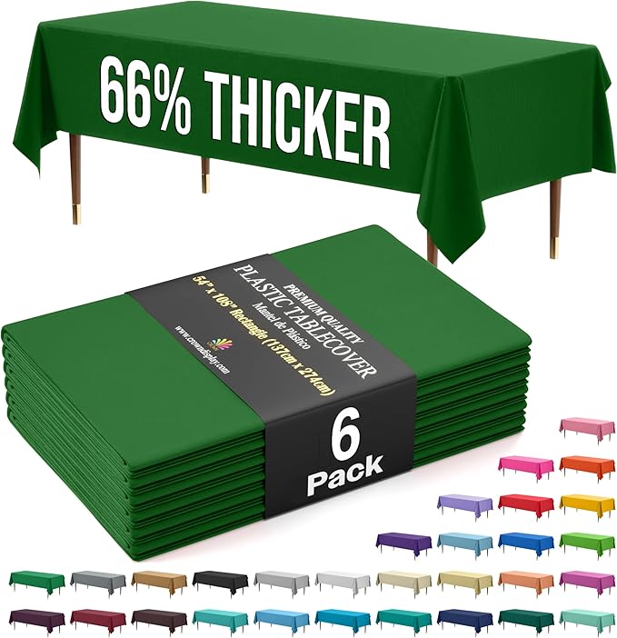 Party Solids 66% Thicker Premium Plastic Table Cloth Rectangle Table Cover 0.5 Mil 6 Pack Emerald Green Table Cloth 54 Inch x 108 Inch Disposable Tablecloth Won't Tear Easily Like Cheap Thin Brands
