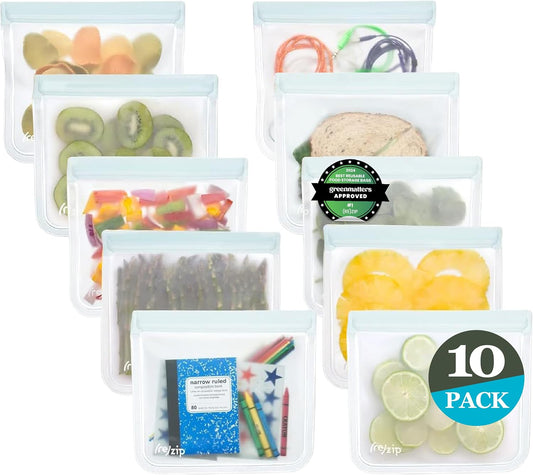 (re) zip 10-Pack Reusable Sandwich Lunch Bags | BPA-Free, Food Grade, Leakproof, Freezer Safe, Dishwasher Safe, Travel Friendly | 3.5 Cup / 28-Ounce | Clear