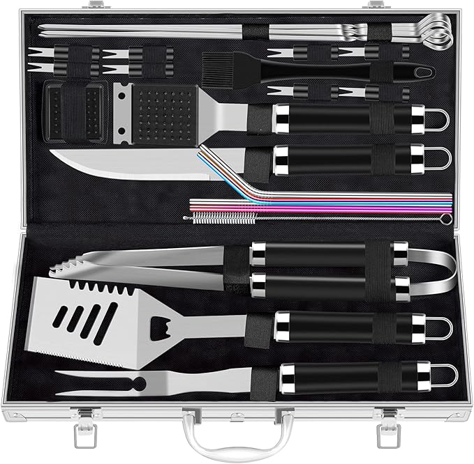 ROMANTICIST 25pcs Extra Thick BBQ Grill Accessories, Fathers Day Grilling Gifts Set for Men Dad, Heavy Duty Grill Tools Utensils Kit with Spatula, Tongs in Aluminum Case for Birthday Black