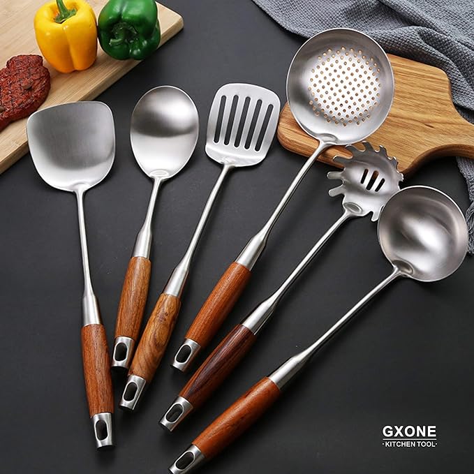 Spaghetti Spoon,304 Stainless Steel Pasta Spoon with Heat Resistant Wooden Handle,Silver/14.2Inch