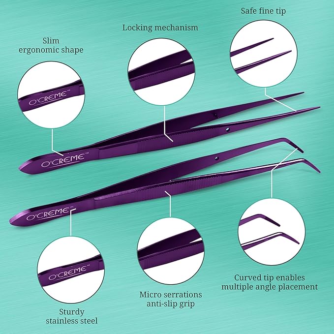 O'Creme Purple Stainless Steel Precision Kitchen Culinary Fine-Tip Tweezer Tongs, 1 Curved and 1 Straight