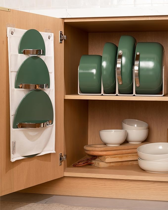 Caraway Deluxe Non-stick Ceramic Cookware Set (16 Piece) Pots, Frying Pans, Lids and Kitchen Storage - PFAS & PFOA Free - Oven Safe Pan Set & Compatible with All Stovetops - Cream