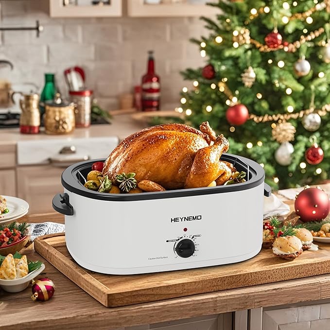 26QT Electric Roaster Oven, Electric Turkey Roaster with Viewing & Self-basting Lid, Stainless Steel Turkey Roaster Oven, White