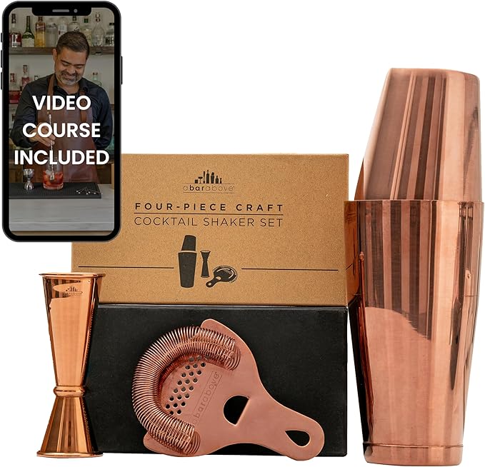 A Bar Above 4-Piece Cocktail Shaker Set, for Professional and Home Bar, Premium Bar Kit Gifts, Includes Strainer, Jigger, Shaker Set, and 4-Hour Cocktail Course