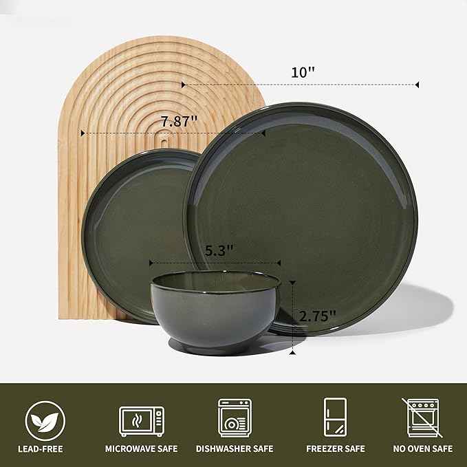 18 Piece Dinnerware Set for 6, Reactive Glaze Terracotta Plates and Bowls Set, Large Family-Sized Stoneware Dish Set for Gatherings, Chip and Scratch Resistant, Blackish Green
