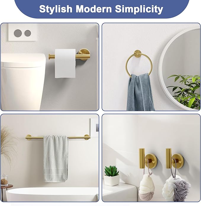 Brushed Gold Bathroom Hardware Set, 24 Inch SUS304 Stainless Steel Bath Towel Bar Set, Bathroom Accessories Set, Towel Rack, Towel Ring, Toilet Paper Holder, Robe Towel Hooks, 5-Pieces