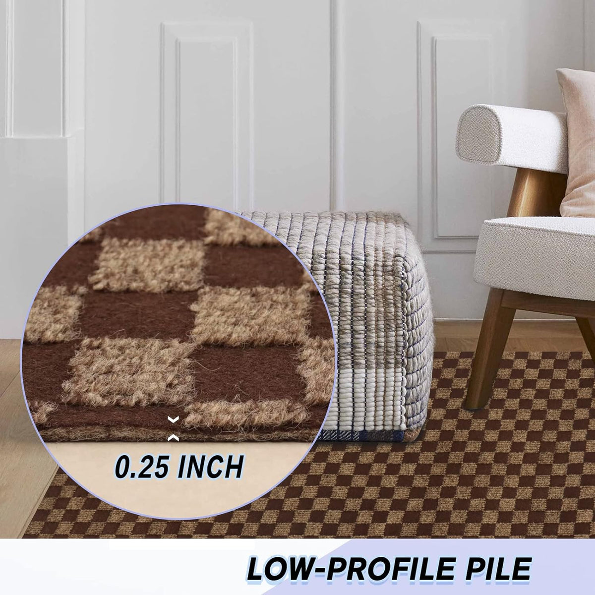 Custom Size Backed Non-Slip Area Rugs Runner, Easy Clean, Waterproof Runner Rugs for Hallway Entryway, Kitchen, Laundry, 3FT x 61FT, Brown Checkered