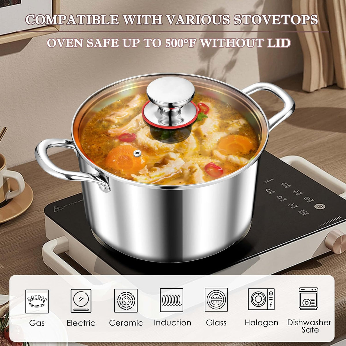 Herogo 6 Quart Stock Pot, 18/10 Stainless Steel Pasta Stockpot with Lid, 6 QT Cooking Pot with Handles, Tri-Ply Stockpot for Induction Gas Electric Stove, Dishwasher Safe