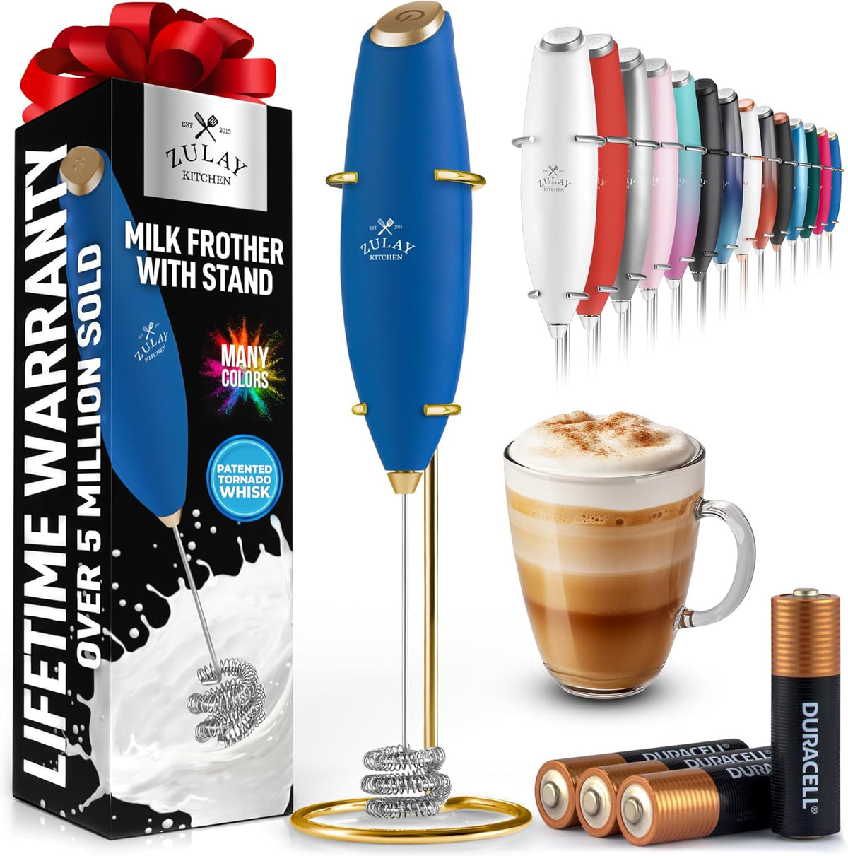 Zulay Kitchen Patented Tornado Triple Whisk Milk Frother with 4 Duracell Batteries – Handheld Foam Maker for Coffee, Lattes, Matcha & Hot Chocolate – Rich, Creamy Froth in Seconds