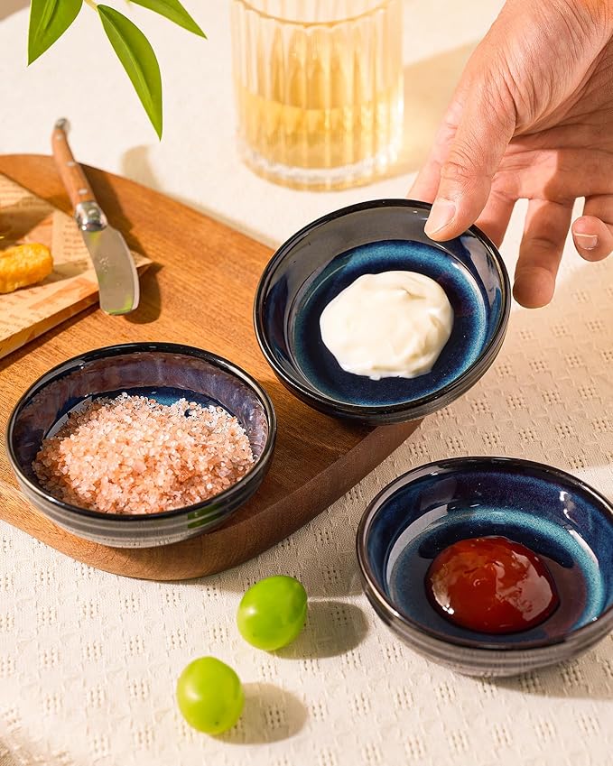 famiware Pluto Soy Sauce Dishes of 6, 3 oz Dipping Sauce Cups/Bowls/Dishes for Kitchen, Ceramic Small Bowls for Side Dish, Appetizers, Snacks, and Sushi, Reactive Glaze, Nebulas Blue