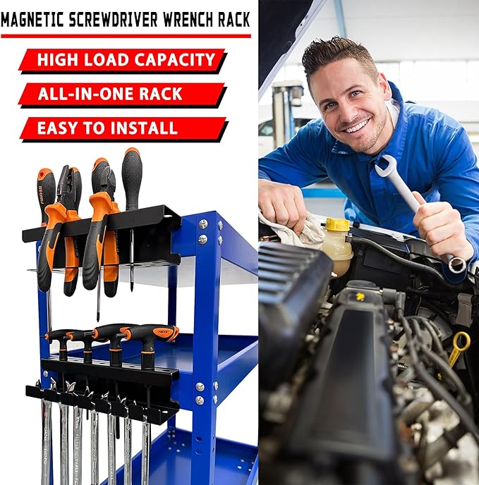 ULIBERMAGNET Magnetic Screwdriver Holder,Magnetic Wrench Holder,Heavy Duty Black Metal Tool Storage Organizer,Set of 2 Magnetic Mount Tool Holder for Garage,Workbench,Tool Cart,PegBoard