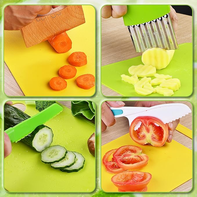 Montessori Kids Knives for Real Cooking, 13 Pieces Wooden Kids Kitchen Knife Set Include 4 Serrated Edges Plastic Toddler Knife,Crinkle Cutter Y Peeler Cutting Boards and Wood Toddler Safe Knife
