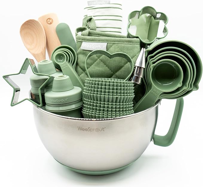 Ultimate Baking Kit for Kids - Kids Baking Set with Child Sized Utensils - Includes Apron, Oven Mitts, Silicone Mats & Liners - Perfect Cooking Set for Ages 6-12 - Gift for Children Green