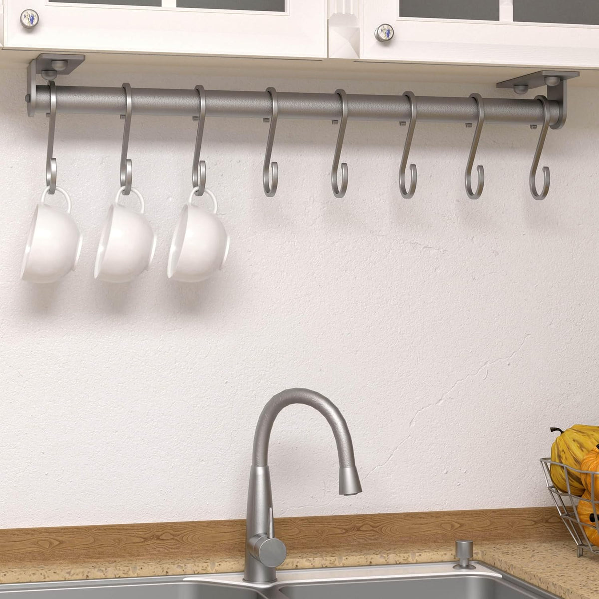 Dseap Kitchen Utensil Holder Hanger, Pot and Pan Rack Wall Mounted, Kitchen Rail with 8 Hooks for Hanging Cooking Utensils, Mugs, Spoons, Wall Mounted, Silver, Pack of 2