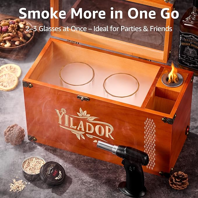 Old Fashioned Smoker Kit – Premium Wooden Gift Box for Whiskey & Cocktails, Electric Fan-Powered 2-in-1 Drink & Food Smoker, Bourbon Whiskey Gift for Men, Complete Set (Smoking Gun Not Required)
