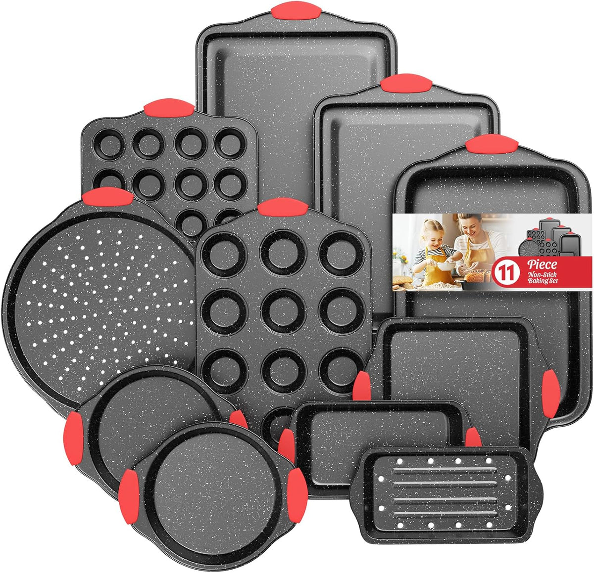 11-Piece Nonstick Stackable Baking Pans Set, Toxin-Free Bakeware Sets, Baking Pan Set with Silicone Handles, Includes Cookie Sheets, Loaf Pan, Pizza Pan, Muffin Pan, Red&Black