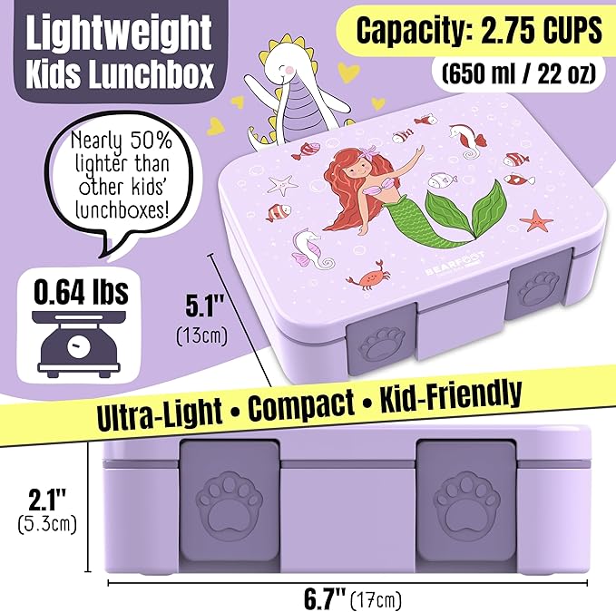 BEARFOOT Kids Lunch Box with Compartments – Compact & Lightweight | Leak-Proof, BPA-Free, Dishwasher & Microwave Safe | Hand-Drawn Design for Preschool, School, Travel (Mermaid Purple, 2.75 Cups)