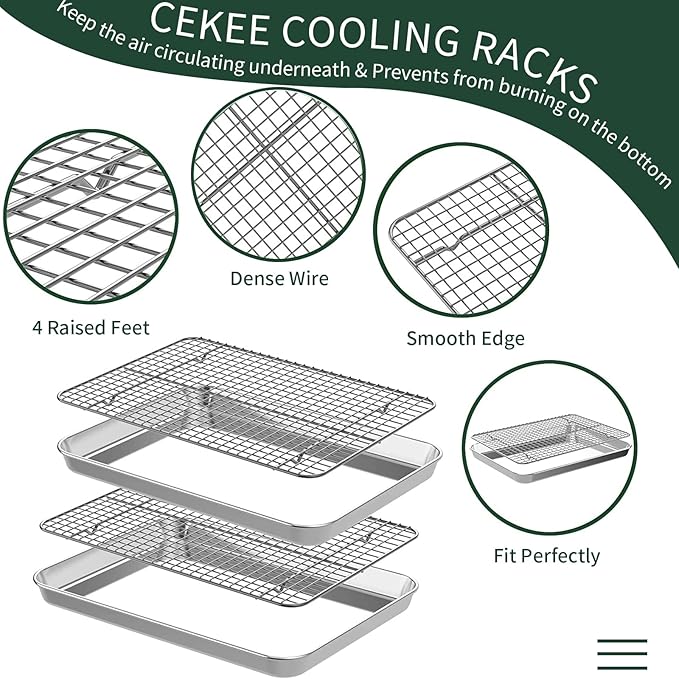 Small Baking Sheet with Rack Set [2 Cookie Sheets + 2 Baking Racks], CEKEE Stainless Steel Small Baking Pan and Grill Rack - Rust & Warp Resistant & Nonstick, Size 9.33 x 6.96 x 1 Inch