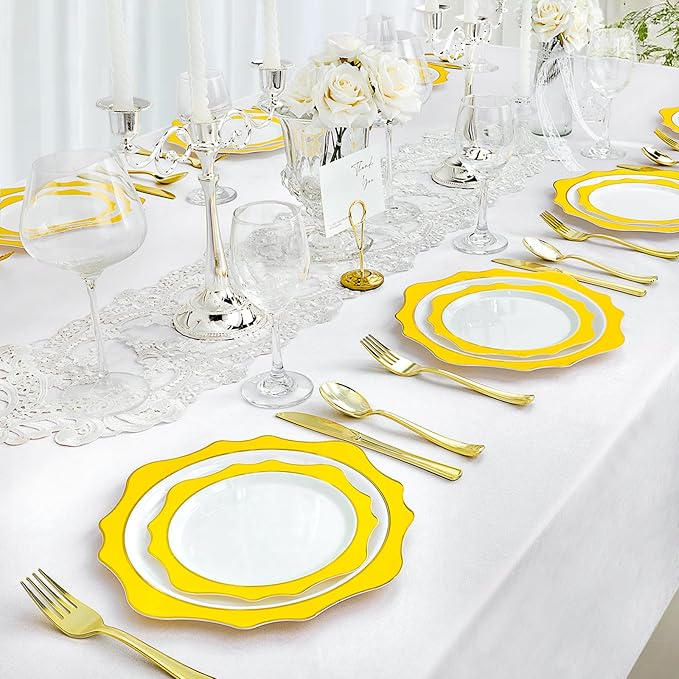 100 PCS White and Yellow Disposable Plates for 50 Guests, Scalloped Plastic Plates Include 50 Dinner Plates and 50 Dessert Plates for Party, Wedding