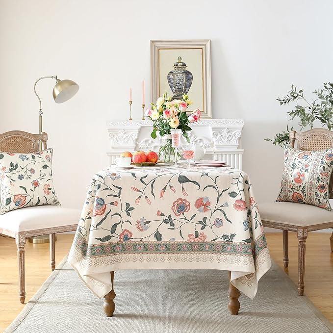 ISAENNE Designer Chinoiserie Linen Floral Square Tablecloth,White Wrinkle Resistant Table Cloth,Elegant Decor Tablecloths for Dining Thanksgiving Kitchen Party Christmas,67"*67"-Daffy