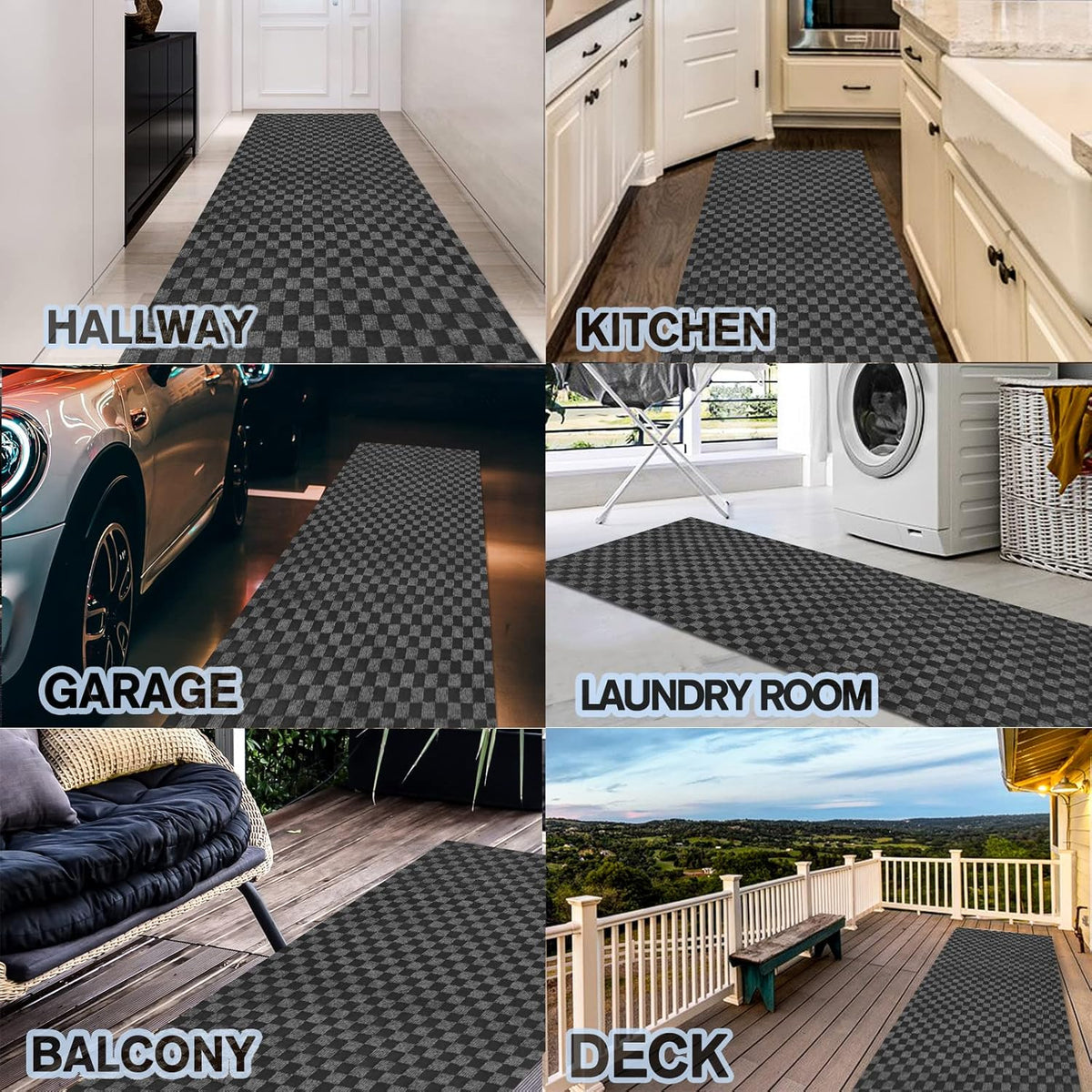 Custom Size Backed Non-Slip Area Rugs Runner, Easy Clean, Waterproof Runner Rugs for Hallway Entryway, Kitchen, Laundry, 3FT x 76FT, Gray Checkered