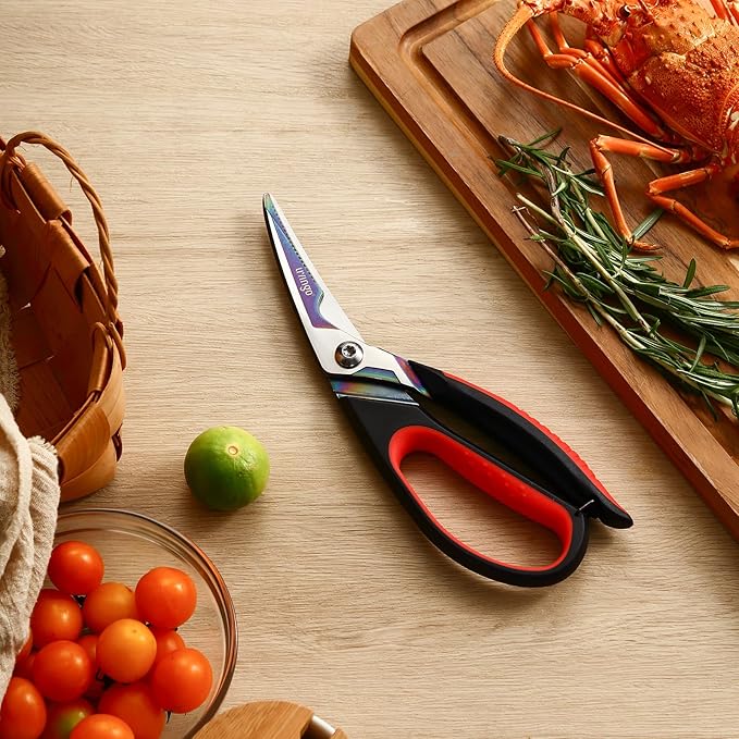 LIVINGO Heavy Duty Kitchen Scissors - Titanium Coated Sharp Poultry Shears Multipurpose for Cutting Chicken Bones, Meat, Vegetable Food, 9.5 Inches Comfortable Grip with Safe Lock