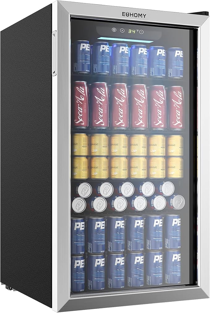 EUHOMY Beverage Refrigerator Cooler, 128 Can Mini Fridge with Glass Door for Soda Beer or Wine, Beverage Cooler for Home, Office, Bar with Adjustable Removable Shelves, Silver
