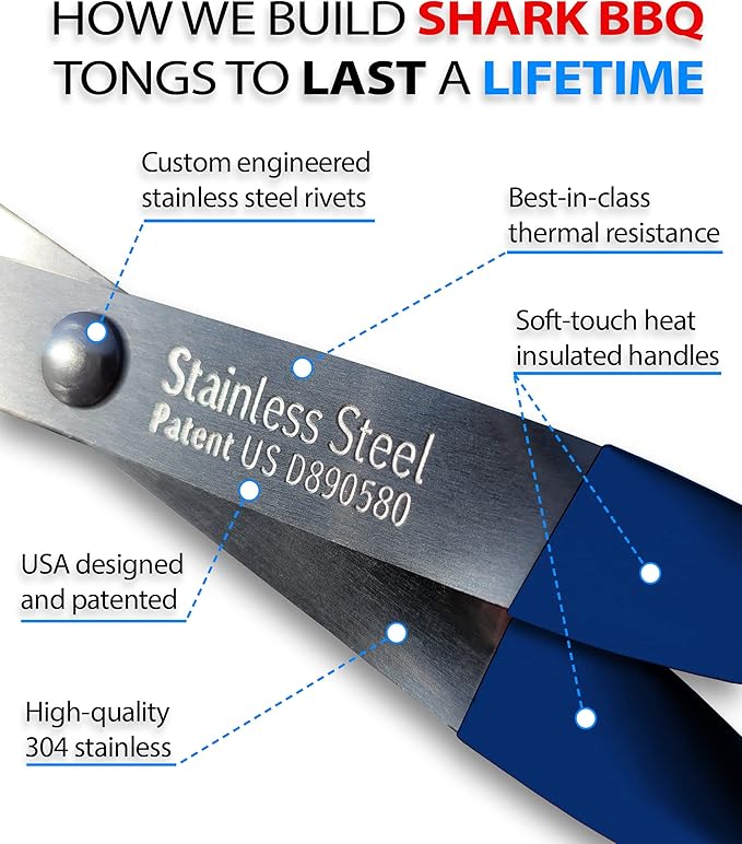 Shark BBQ Grill Tongs - 17 inch Blue. Professional kitchen and outdoor grilling utensil. Long reach Barbeque Grilling Tongs. Ideal for steak, fish, burger, and sausage