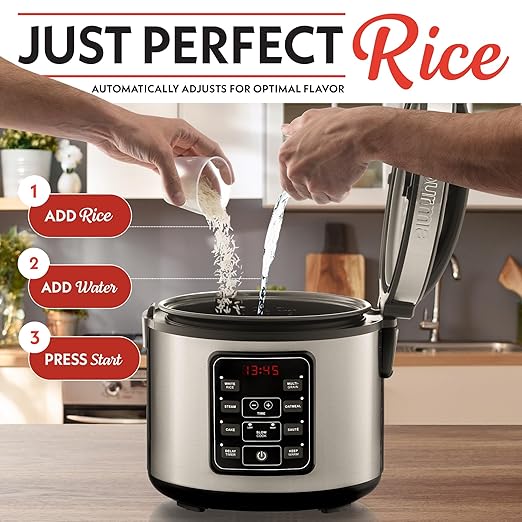 Gourmia Rice Cooker – 5 Qt Capacity, 20 Cup Cooked, 10 Cup Uncooked, Digital Controls, 6 Cooking Presets, Grain Cooker & Steamer, Nonstick Pot, Steam Tray, Delay Timer, Keep Warm, Stainless Steel