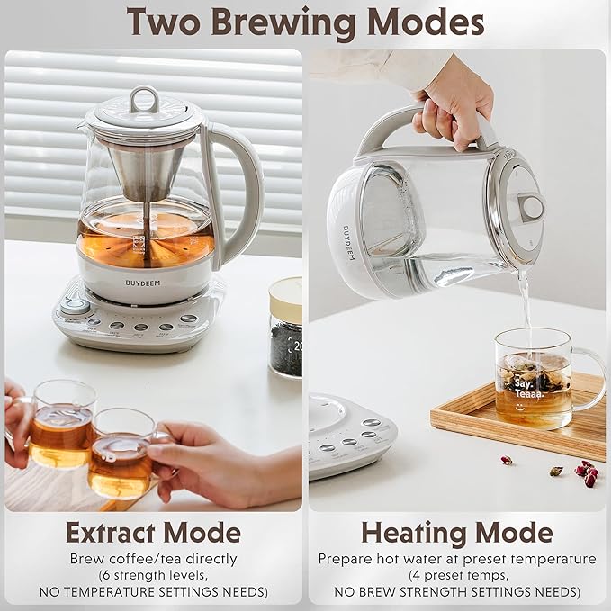BUYDEEM K156 Tea Maker, Electric Kettle for Coffee and Tea Brewer, 6 Brew Strength Selection for Extracting, 4 Temperature Settings, Boil Dry Protection, 2 Hours Auto Keep Warm, Oat White, 1.5L/1.6QT