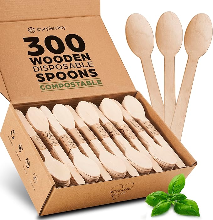 Wooden Disposable Spoons - 300 Piece Wood Compostable Spoons - Eco-Friendly Biodegradable Utensils for Party - Free From Plastic Cutlery Set - Disposable Cutlery for Eating - Compostable Utensils