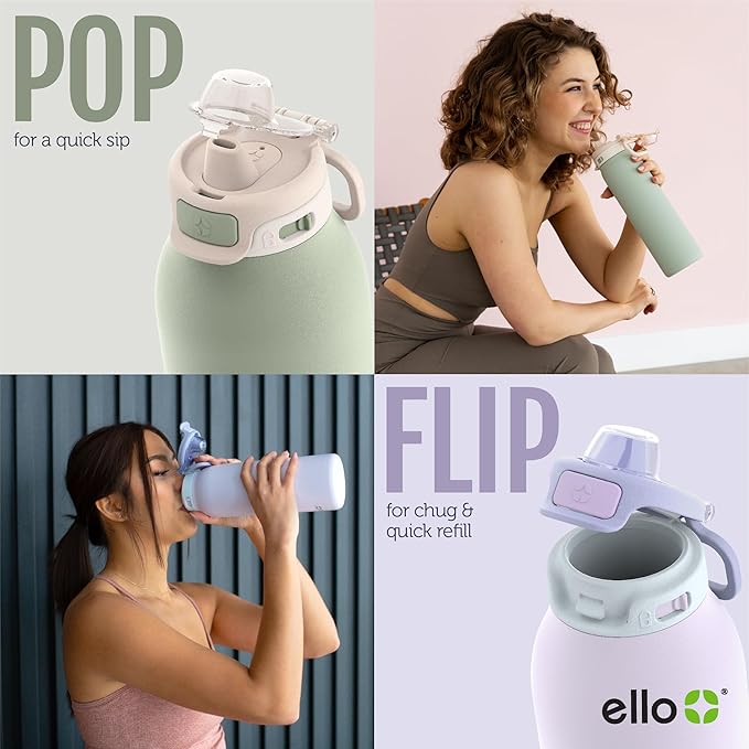 Ello Pop & Fill 32oz Stainless Steel Water Bottle with Quick Fill Technology, Double Walled and Vacuum Insulated Metal, Leak Proof Locking Lid, Sip and Chug, Reusable, BPA Free, Black