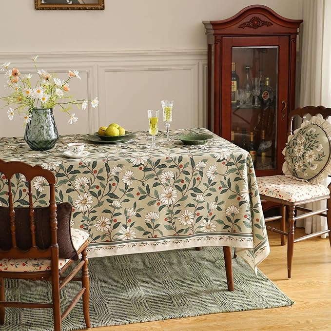 ISAENNE Designer Green Linen Tablecloth Rectangular,Floral French Country Indoor Table Cloth,Stain Resistant Home Decor Tablecloths for Dining Kitchen Thanksgiving Party,55"*87"-Brune