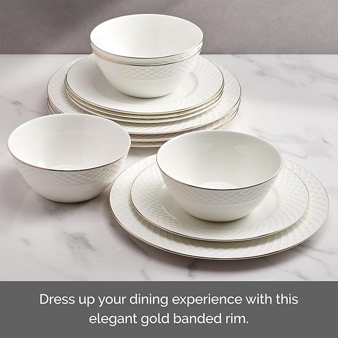 Mikasa Trellis Gold Rim Bone China Lightweight Chip Resistant 12 Piece Dinnerware Set, Service for 4