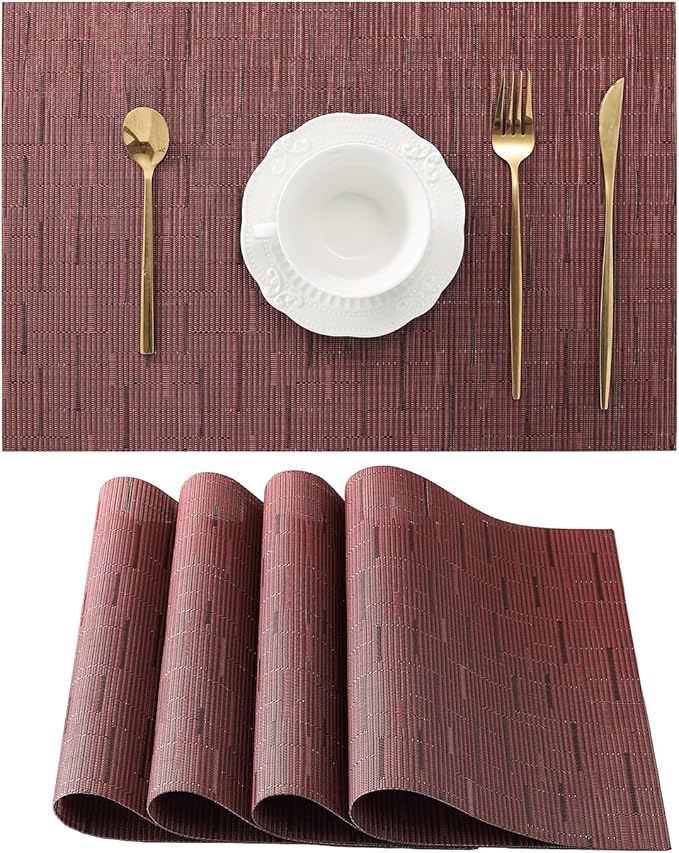 Leetaltree Burgundy Placemats Set of 4 - Heat Resistant Non-Slip Place mats for Dining Table, Washable Durable PVC Vinyl Woven Table Mats（Burgundy, 4）