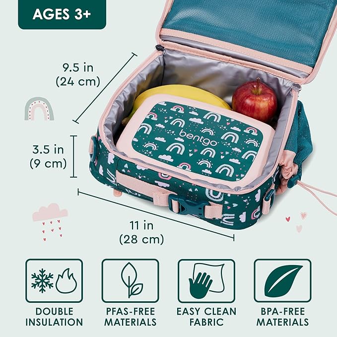 Bentgo Kids Lunch Bag - Durable, Double-Insulated Lunch Bag for Kids 3+; Holds Lunch Box, Water Bottle, & Snacks; Easy-Clean Water-Resistant Fabric & Multiple Zippered Pockets (Green Rainbow)