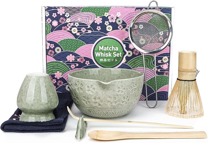 Matcha Whisk Set, 8Pcs Matcha Set Kit include Matcha Bowl, Matcha Whisk and Holder, Bamboo Scoop, Scoop Rest, Sifter and Tea Towel, Matcha Whisk and Bowl Set for Matcha Lovers and Beginers